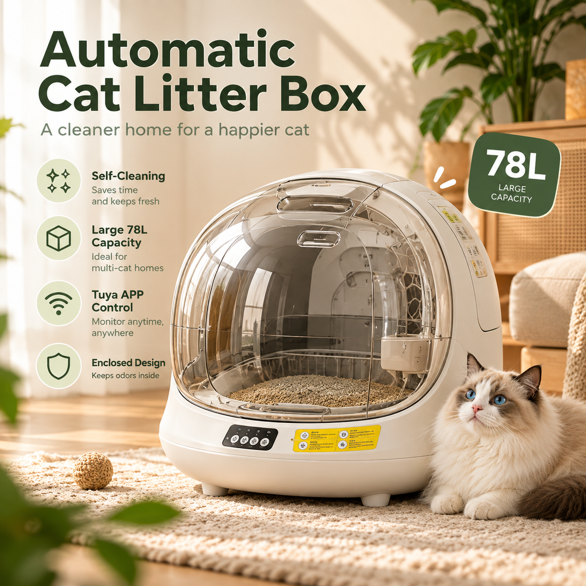 PAWRIQA Smart 78L self-cleaning cat litter box in white with Tuya app integration