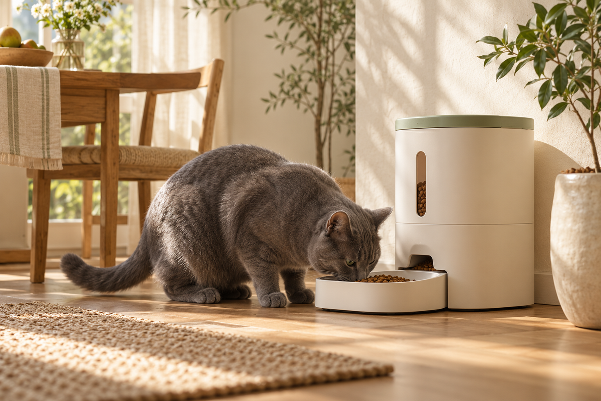Gray cat eating beside an ivory automatic feeder in a sunlit breakfast nook