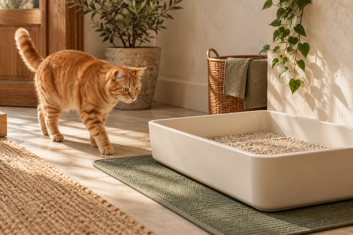 Ginger tabby approaching a spacious open litter tray in a quiet cream-colored room