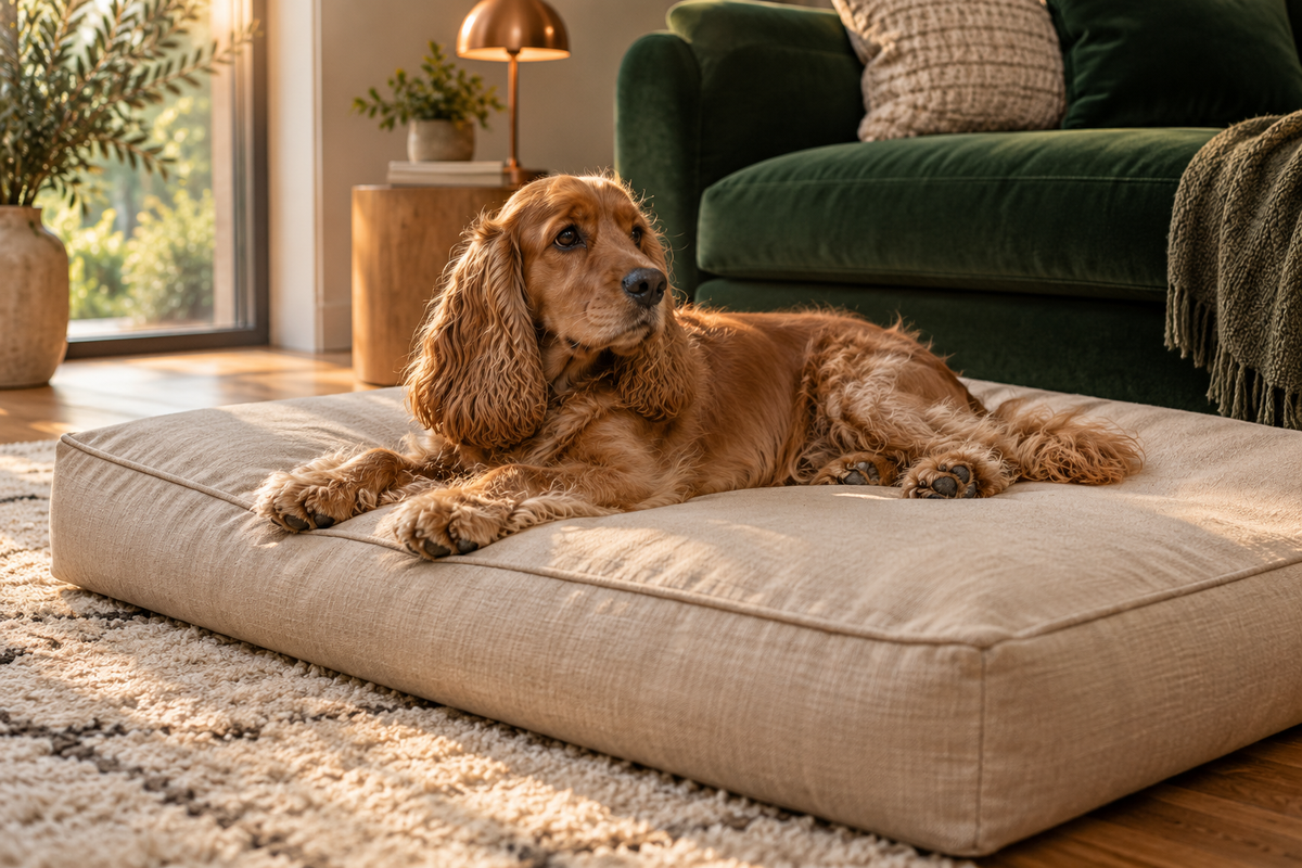 Caramel cocker spaniel stretched on an oat linen mattress beside a green sofa