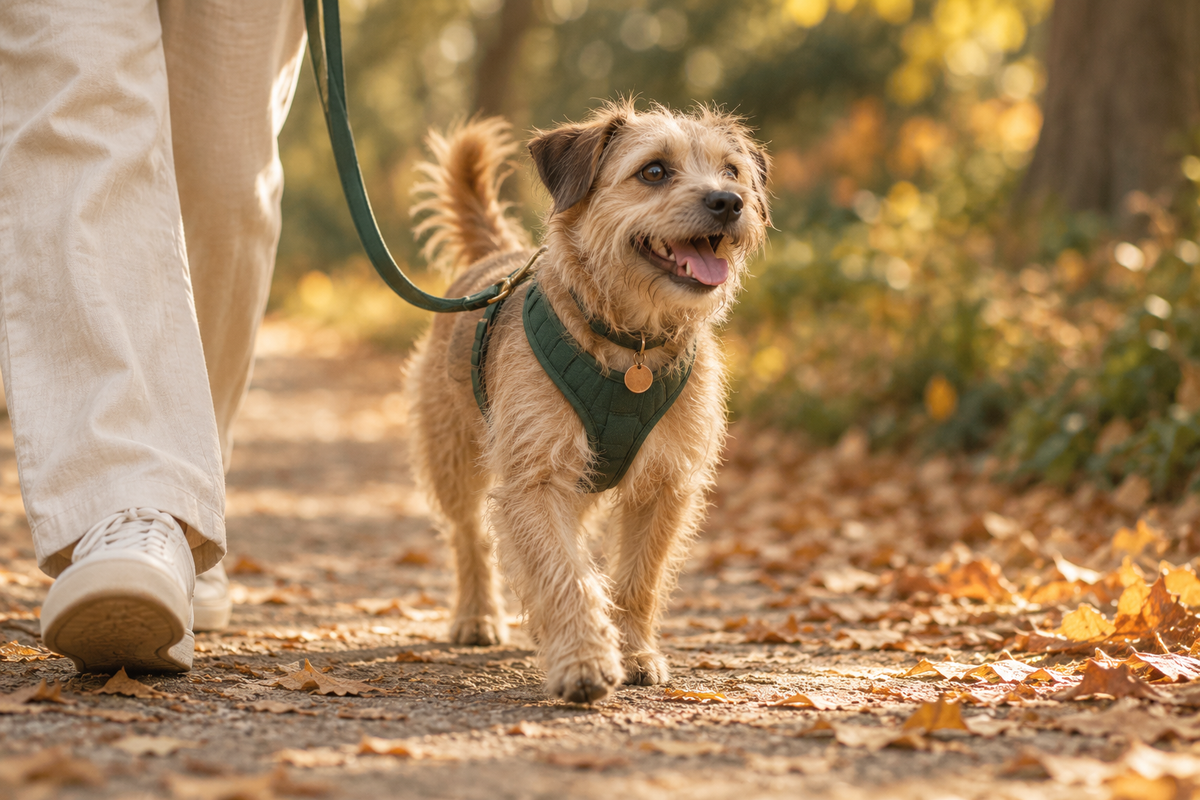 Tan terrier walking on a slack lead in a forest-green harness on a leafy park path