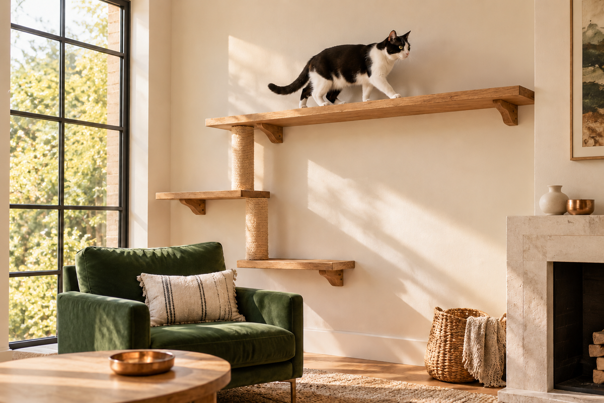 Black-and-white cat on a broad oak wall perch above a forest-green chair