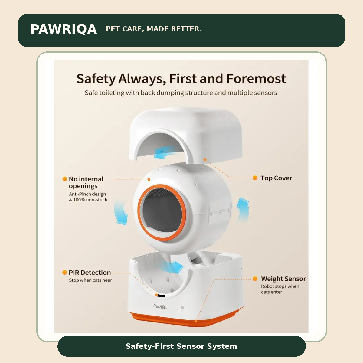 PAWRIQA 60L Automatic Cat Litter Box – Safety Sensors