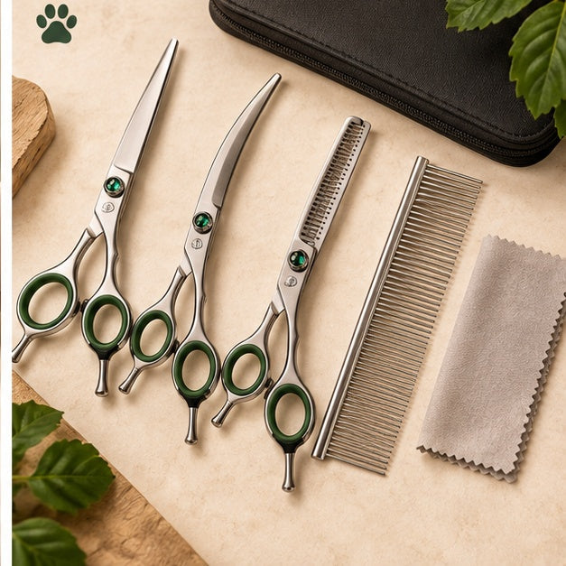 PAWRIQA Pro Pet Grooming Scissor Kit flat lay