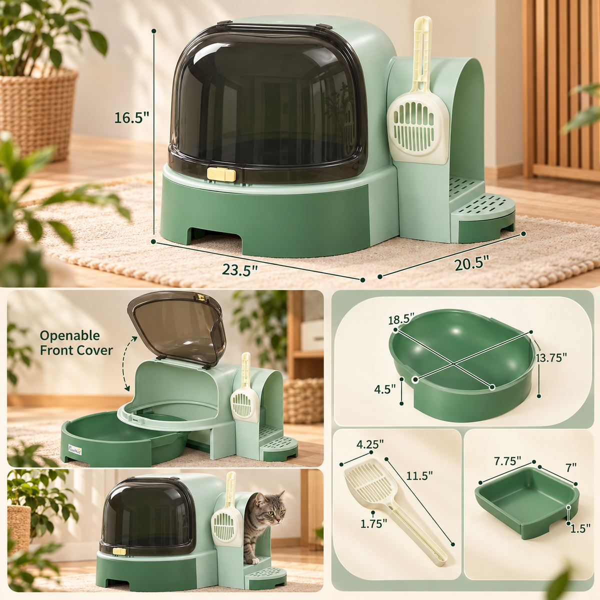 PAWRIQA Enclosed Cat Litter Box – Green – Dimensions & Details