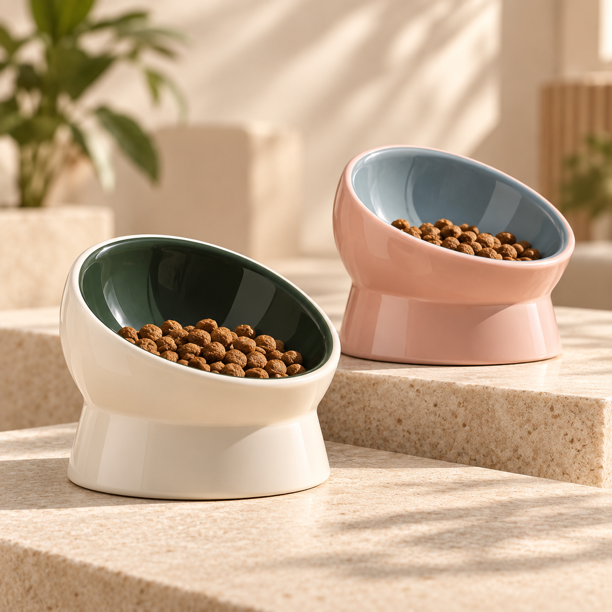 PAWRIQA ergonomic angled ceramic pet bowls in black-white and pink-blue variants