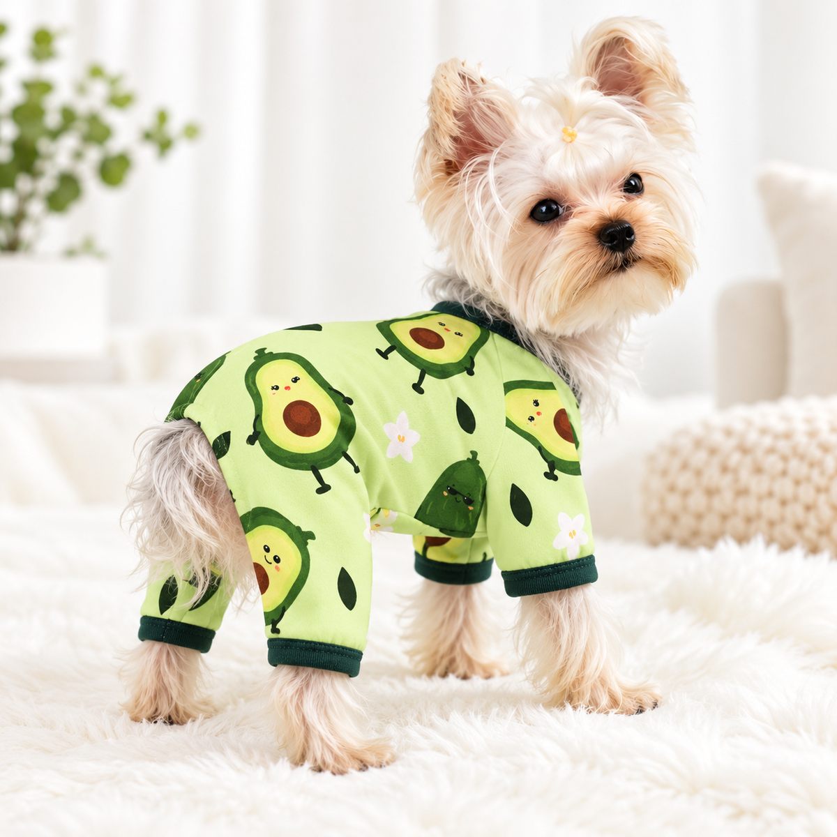 Back view of green avocado print dog pajamas