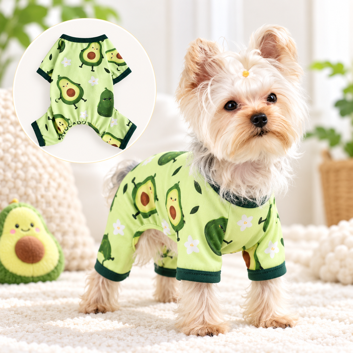 PAWRIQA avocado print dog pajamas on a small dog