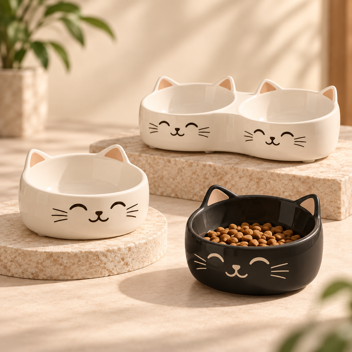 PAWRIQA cat-face porcelain feeding bowls in black and cream variants