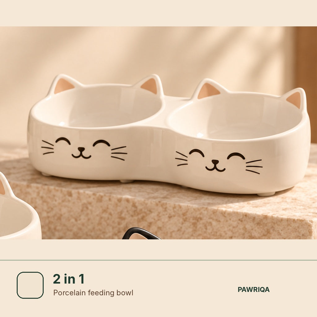 PAWRIQA cat-face porcelain feeding bowl 2 in 1 variant