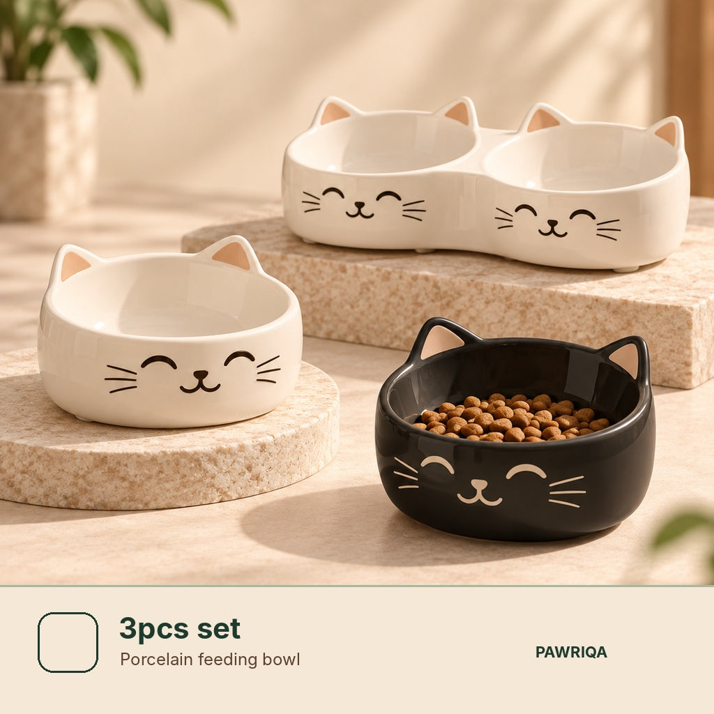 PAWRIQA cat-face porcelain feeding bowl 3pcs set variant