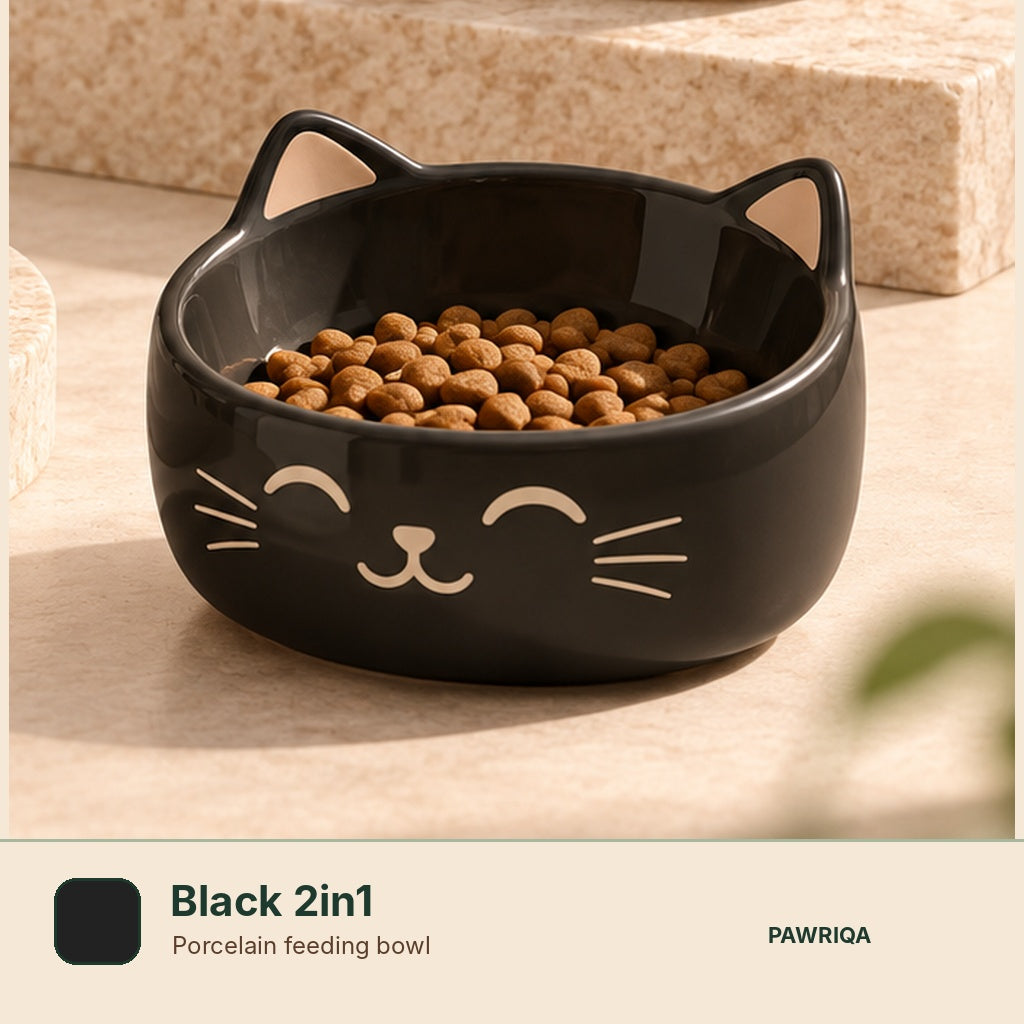 PAWRIQA cat-face porcelain feeding bowl Black 2in1 variant