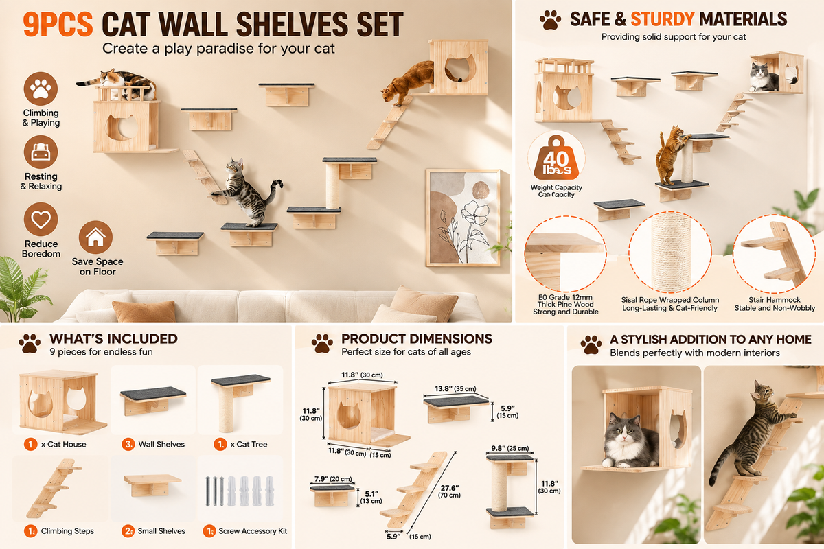 PAWRIQA ClimbScape 9-piece cat wall set components and measurements