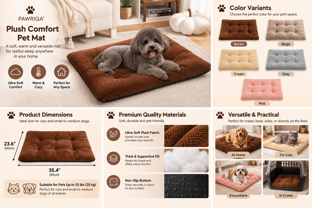PAWRIQA CloudCushion tufted plush pet mat features and comfort infographic
