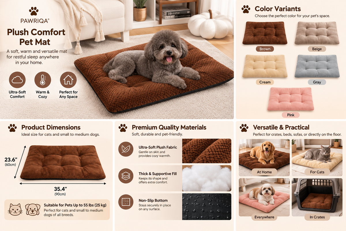 PAWRIQA CloudCushion tufted plush pet mat features and comfort infographic