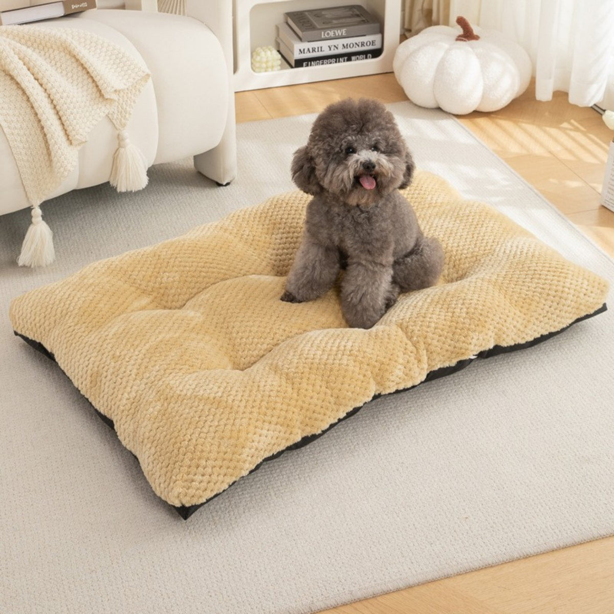 PAWRIQA CloudCushion tufted plush pet mat lifestyle image in Khaki