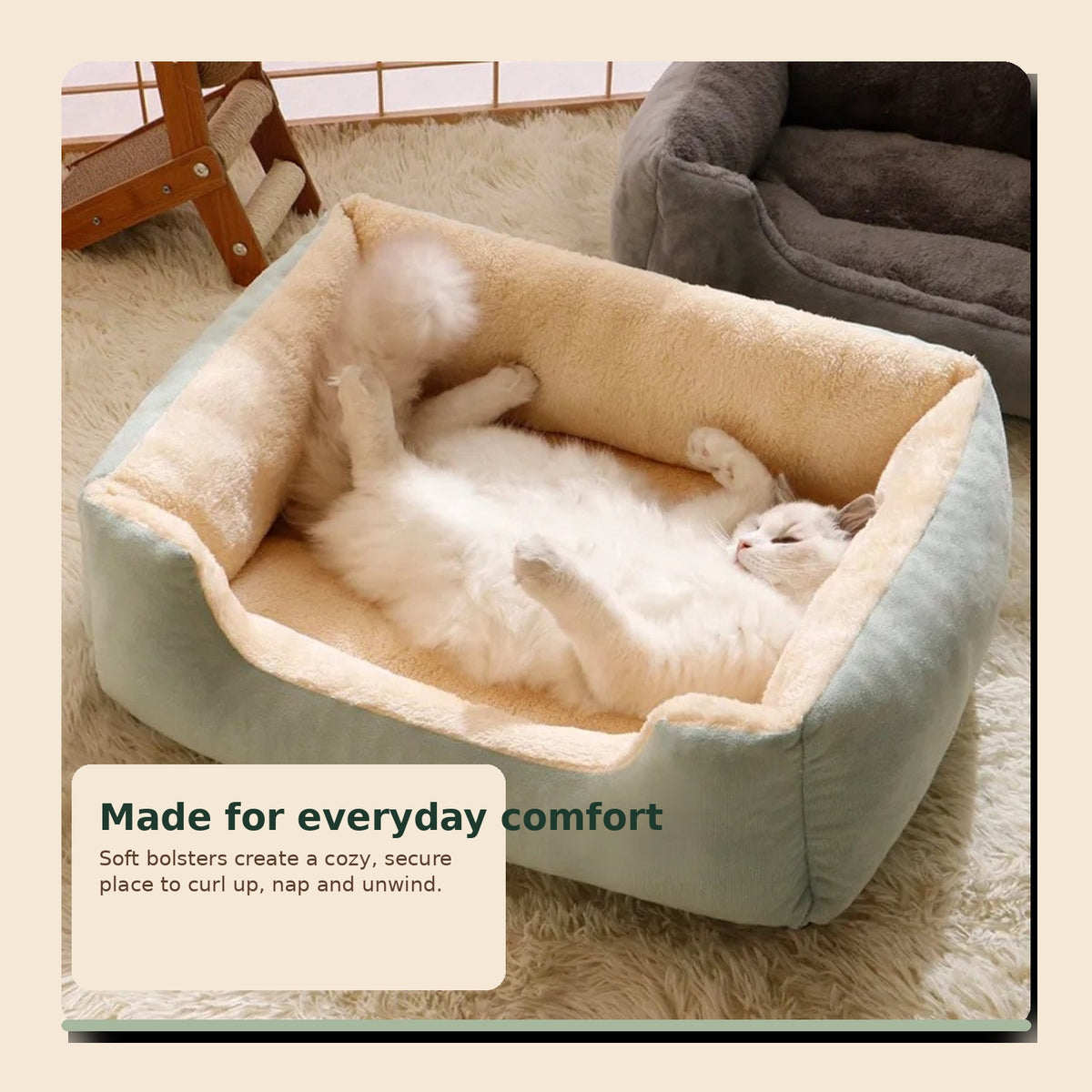 PAWRIQA CloudNest Plush Bolster Pet Bed lifestyle image with cat