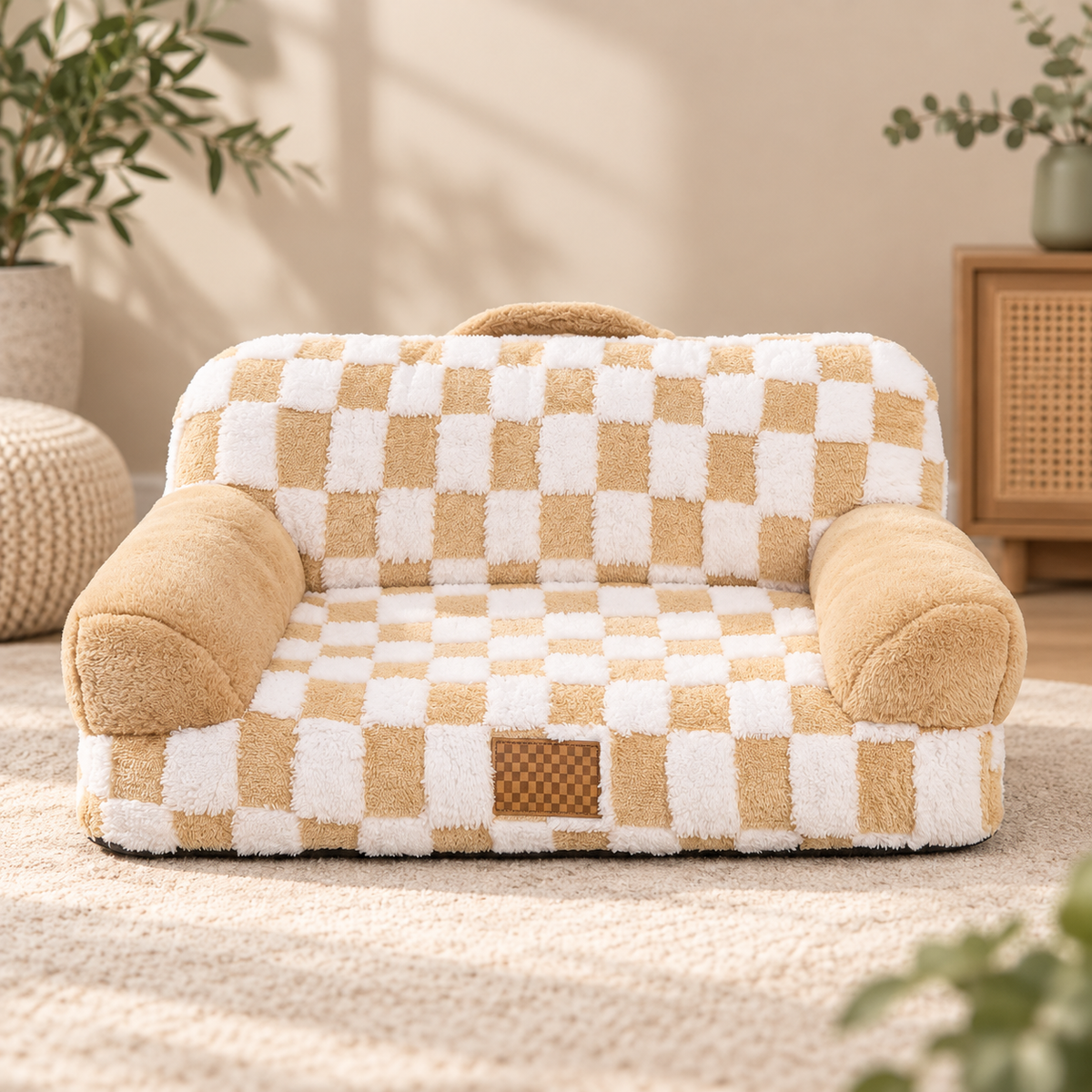 PAWRIQA CozyCheck plush pet sofa bed in warm beige and cream checkerboard