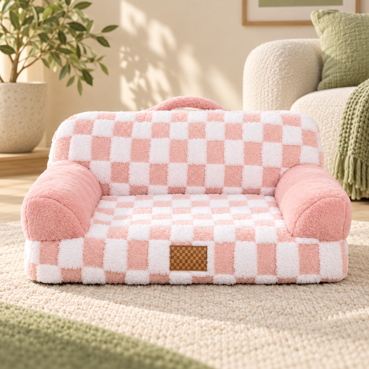 PAWRIQA CozyCheck plush pet sofa bed Pink variant
