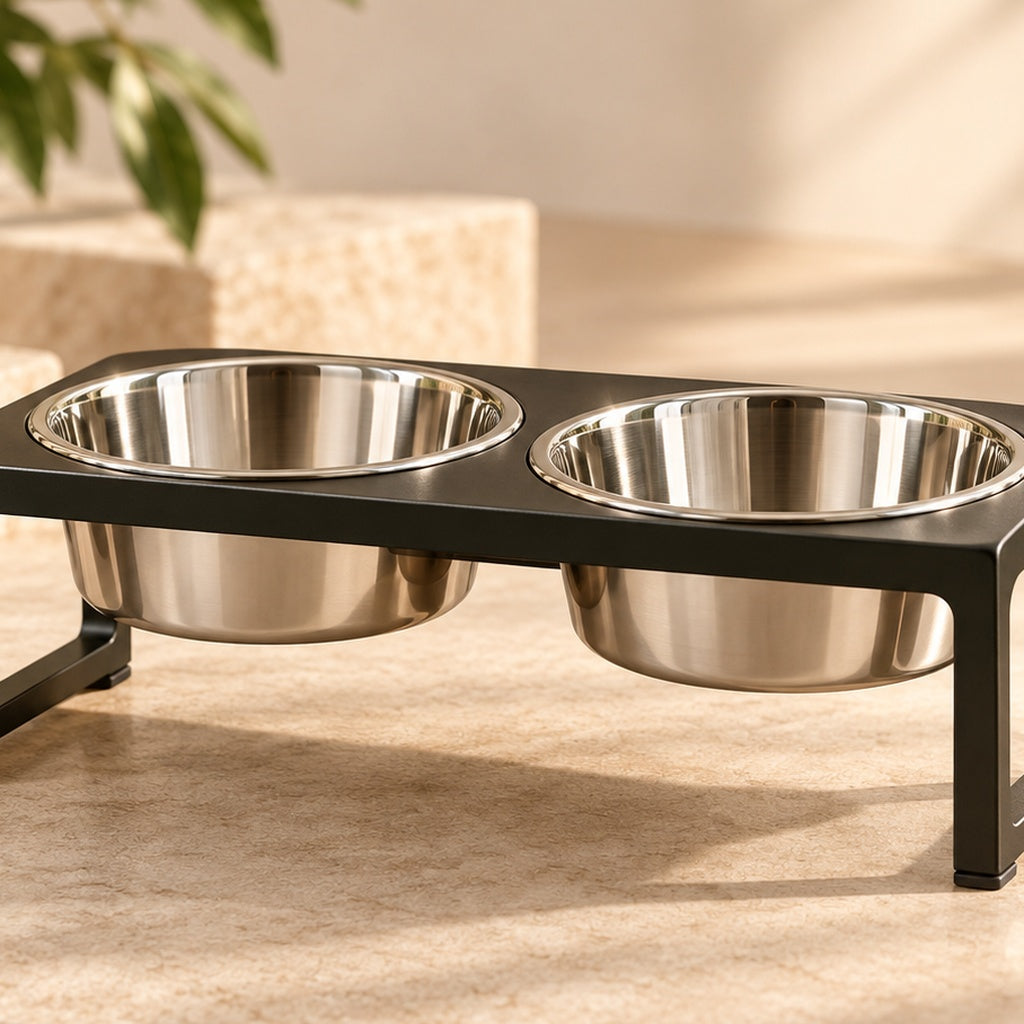 PAWRIQA elevated double stainless steel pet bowls detail view