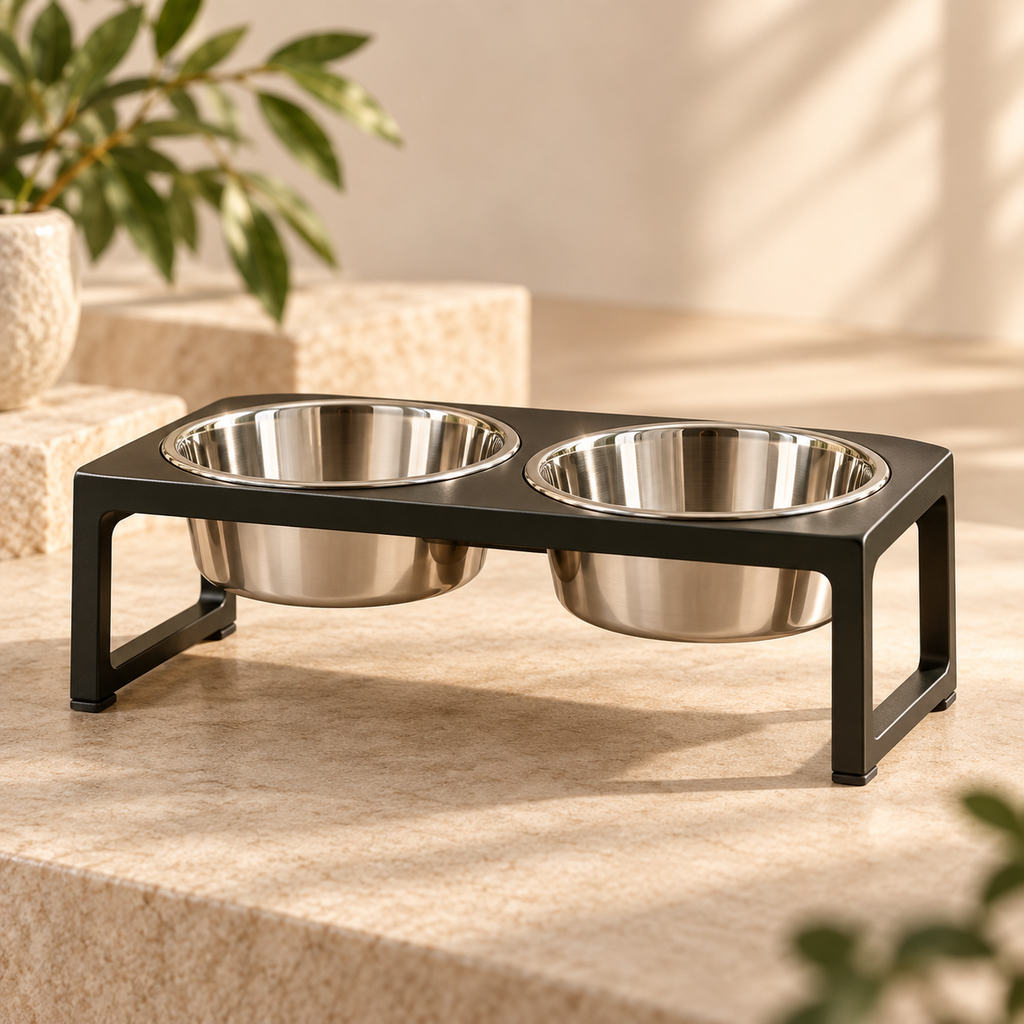 PAWRIQA elevated double stainless steel pet bowls with black frame