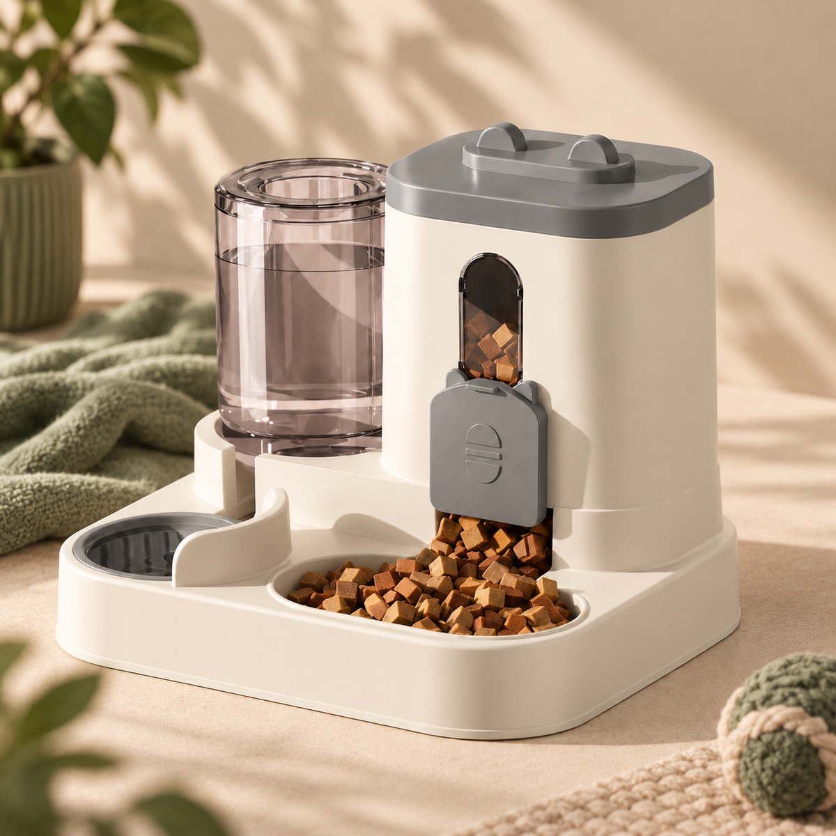 PAWRIQA 2-in-1 gravity feeder and water dispenser in a warm beige and sage setting