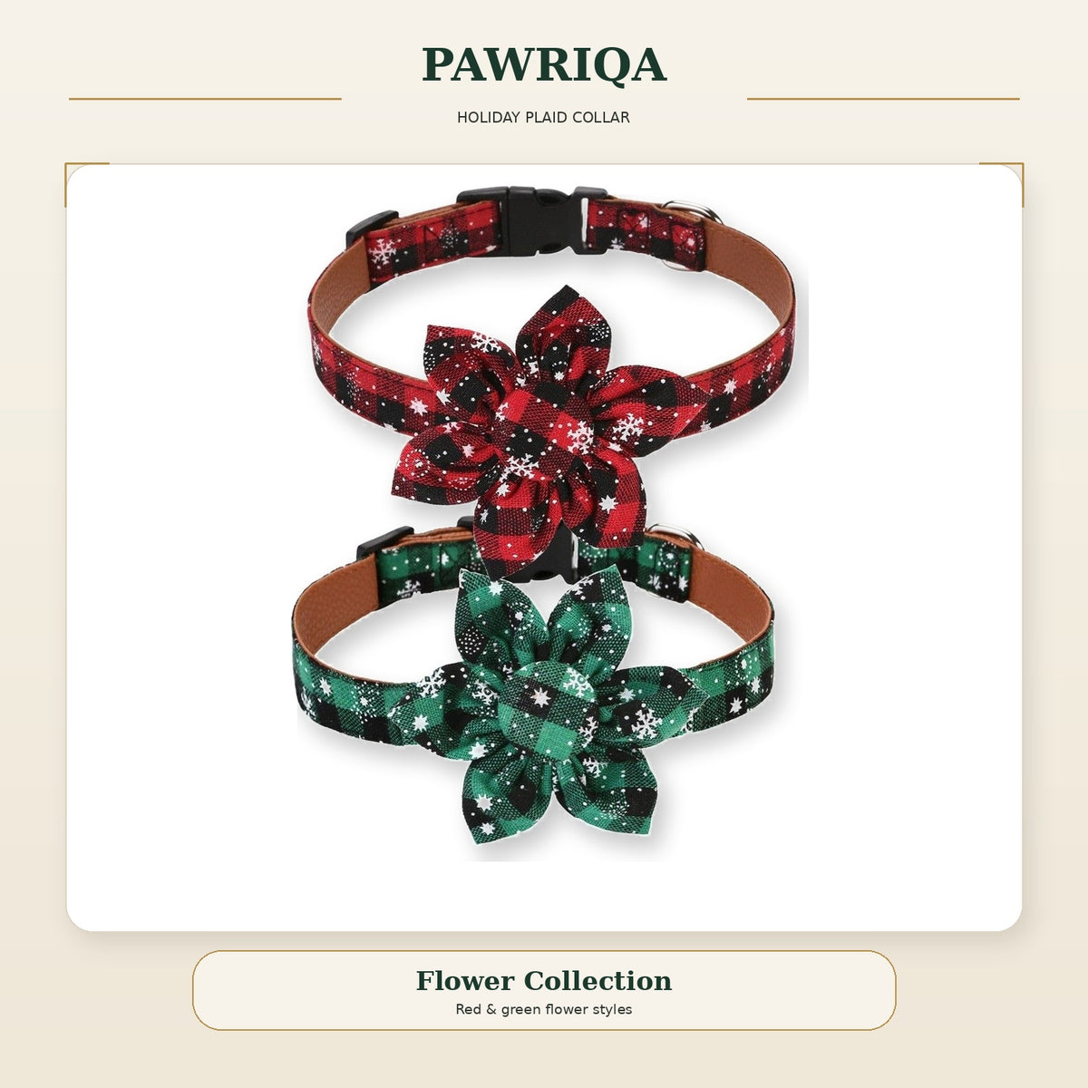 PAWRIQA red and green plaid holiday flower dog collars
