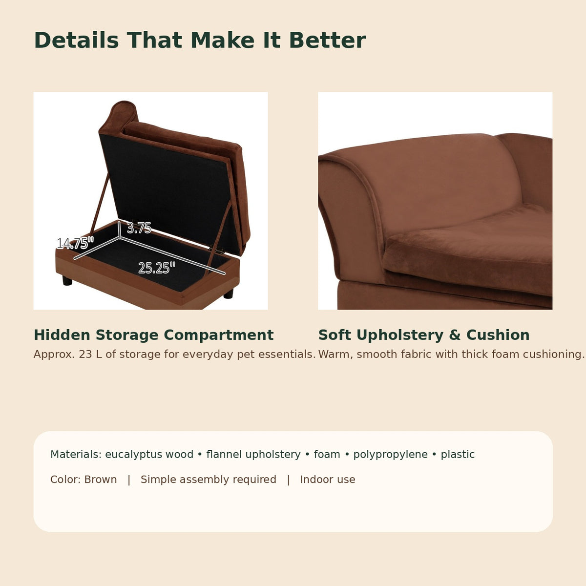 PAWRIQA LoungeVault brown pet chaise sofa storage and upholstery details