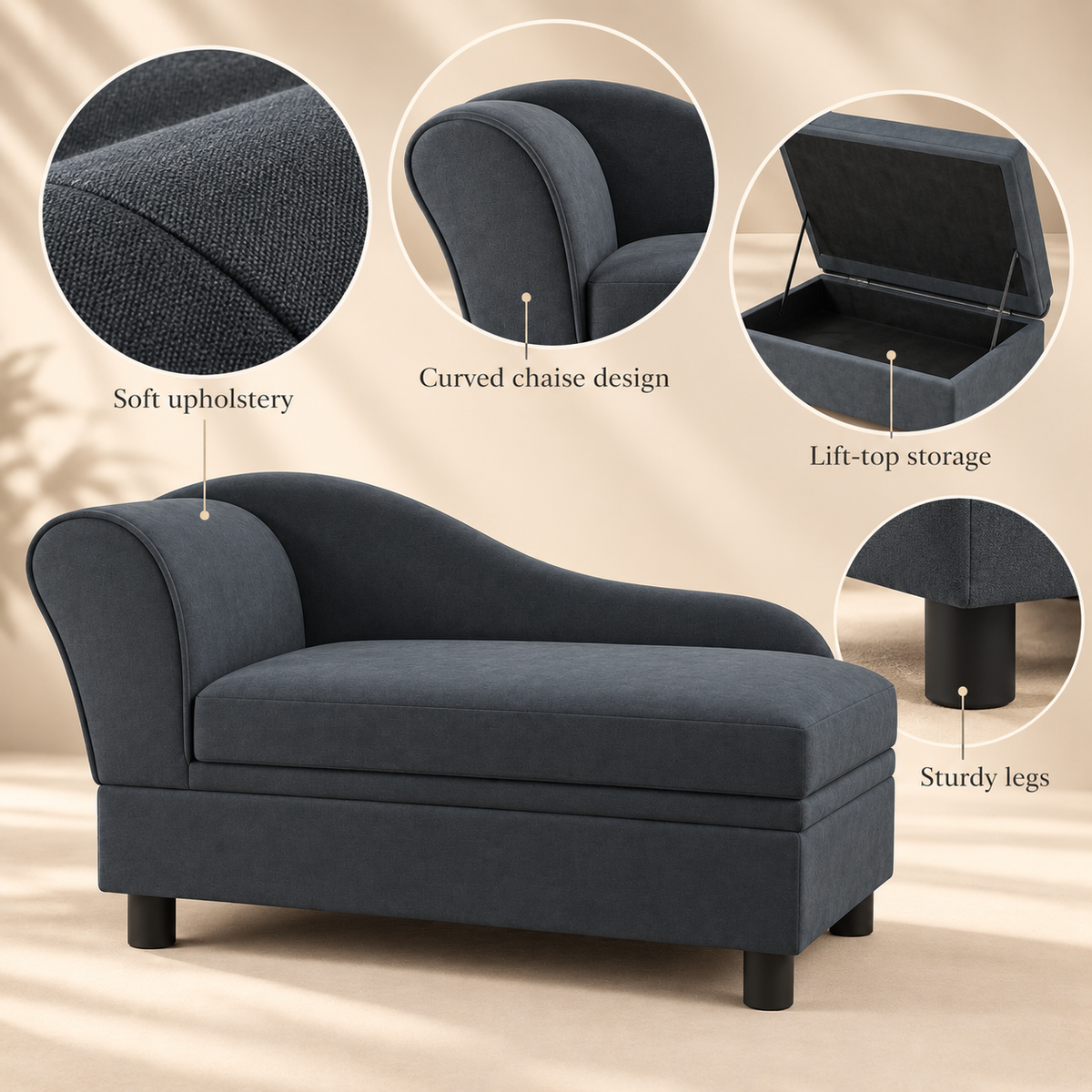 PAWRIQA LoungeVault dark gray pet chaise sofa bed upholstery storage and raised leg details