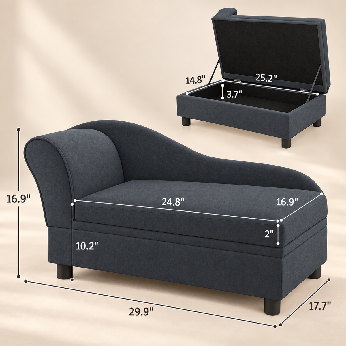 PAWRIQA LoungeVault pet chaise sofa bed dimensions and hidden storage