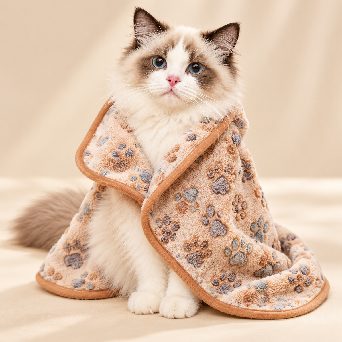 Cat wrapped in soft beige paw print fleece pet blanket