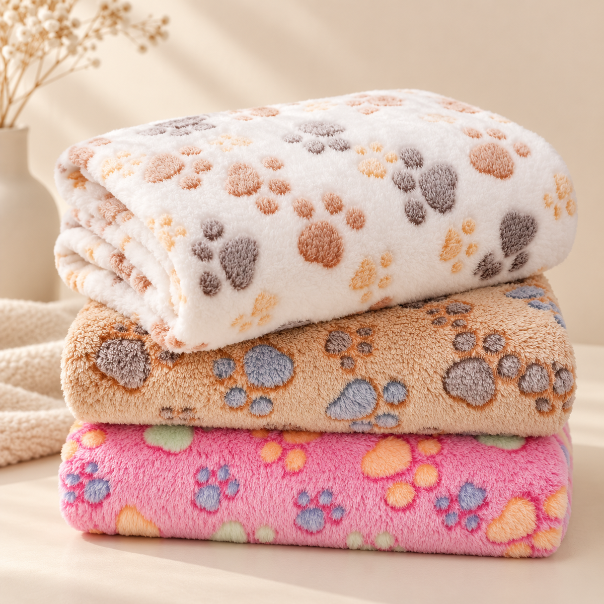 White beige and pink paw print fleece pet blankets