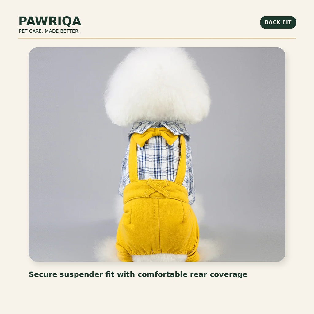 Back view of PAWRIQA yellow plaid suspender dog jumpsuit