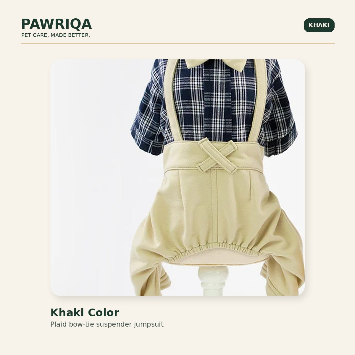 PAWRIQA khaki plaid bow-tie suspender dog jumpsuit color variant