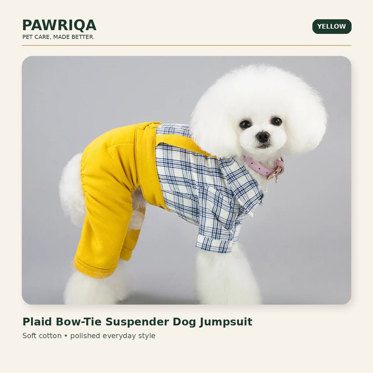 PAWRIQA yellow plaid bow-tie suspender dog jumpsuit