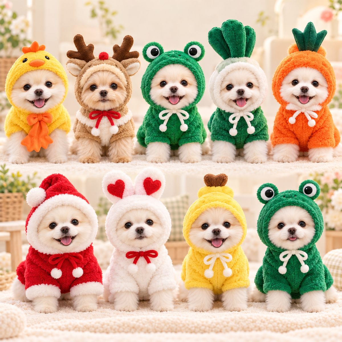 Lineup of plush hooded dog costume styles