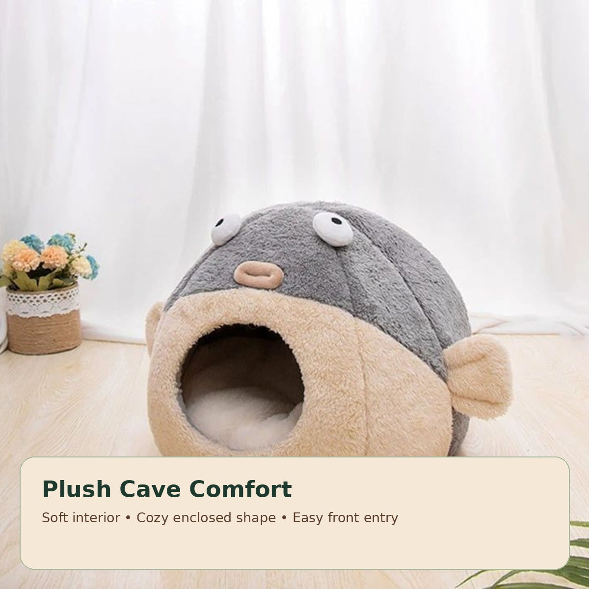 PAWRIQA PuffPod Plush Pet Cave Bed plush interior and cave shape detail