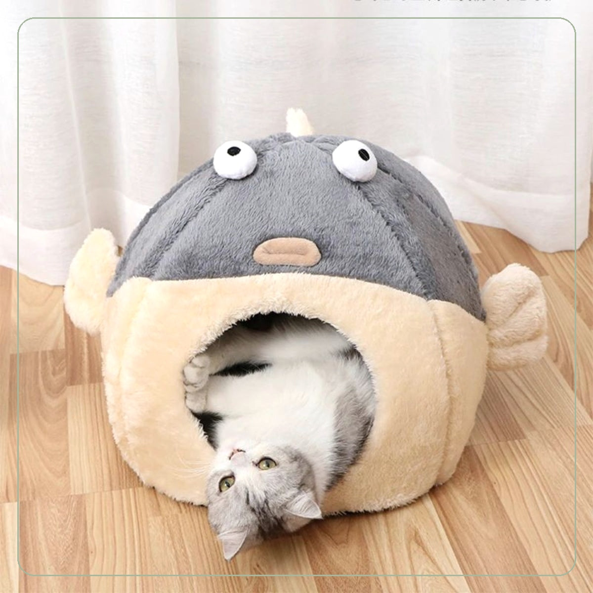 PAWRIQA PuffPod Plush Pet Cave Bed lifestyle image with cat