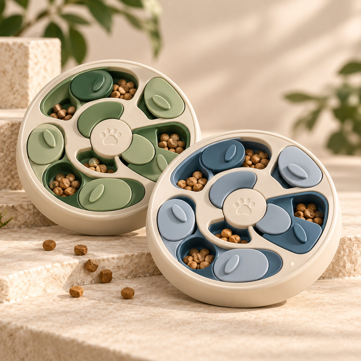 PAWRIQA interactive puzzle slow feeders in green and blue