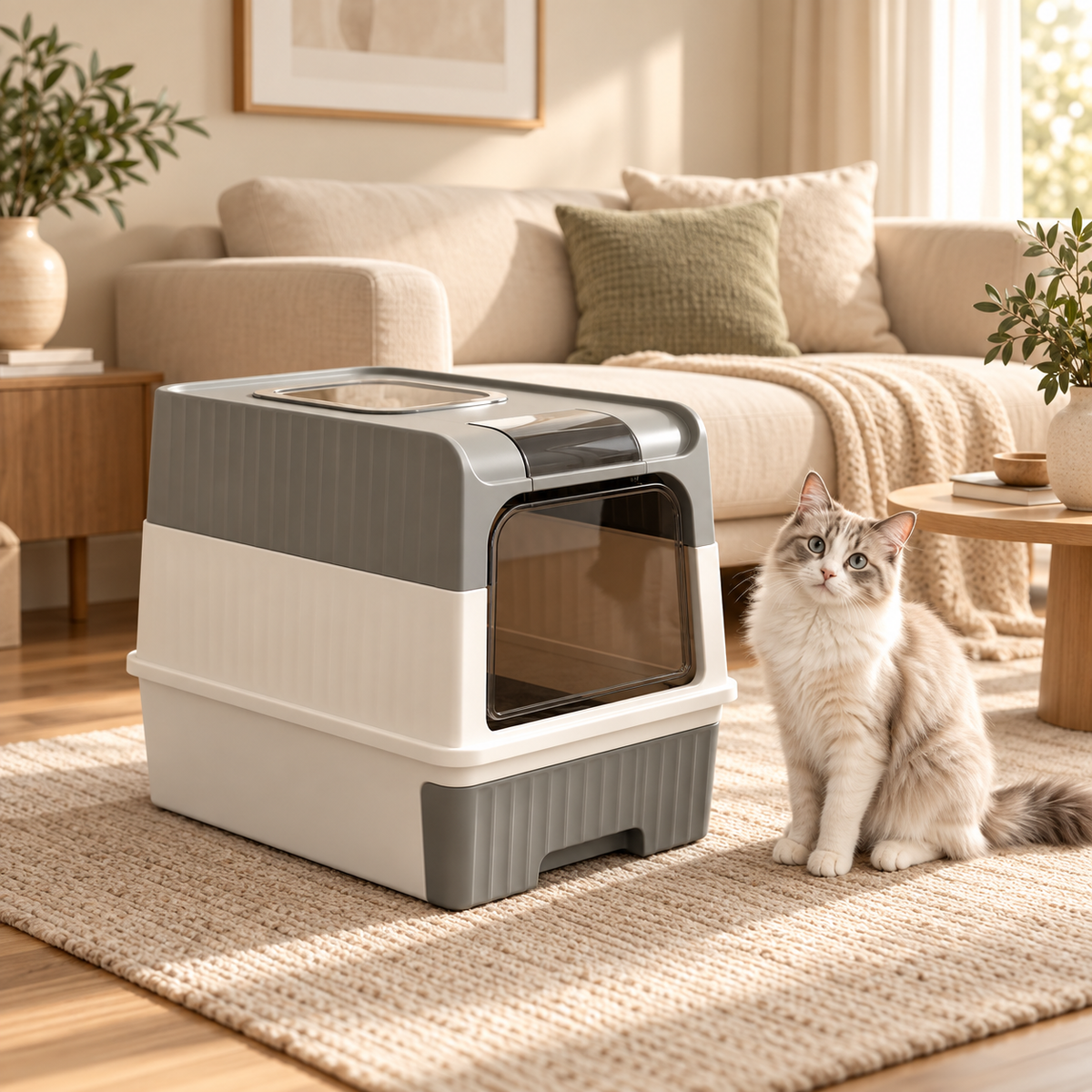 PAWRIQA top-entry enclosed cat litter box in gray and white, styled in a warm modern interior