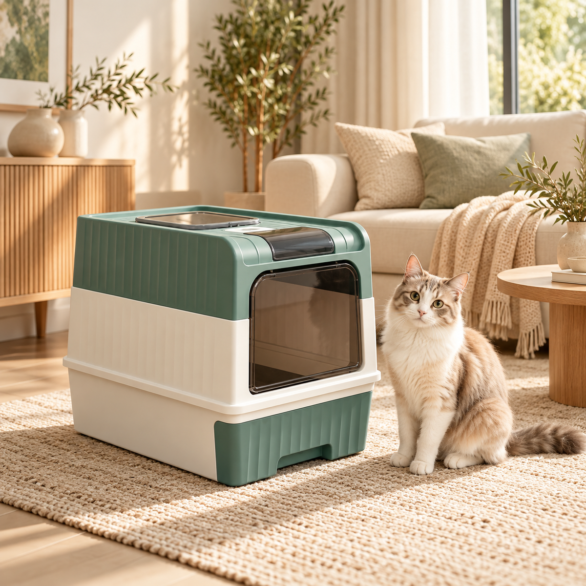 PAWRIQA top-entry enclosed cat litter box in teal and white, styled in a warm modern interior