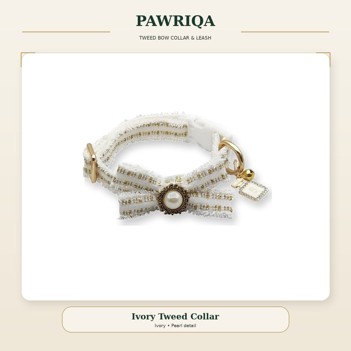 PAWRIQA ivory tweed bow dog collar with pearl detail
