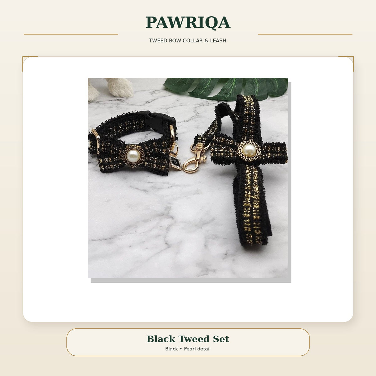PAWRIQA black tweed bow collar and leash set with pearl detail