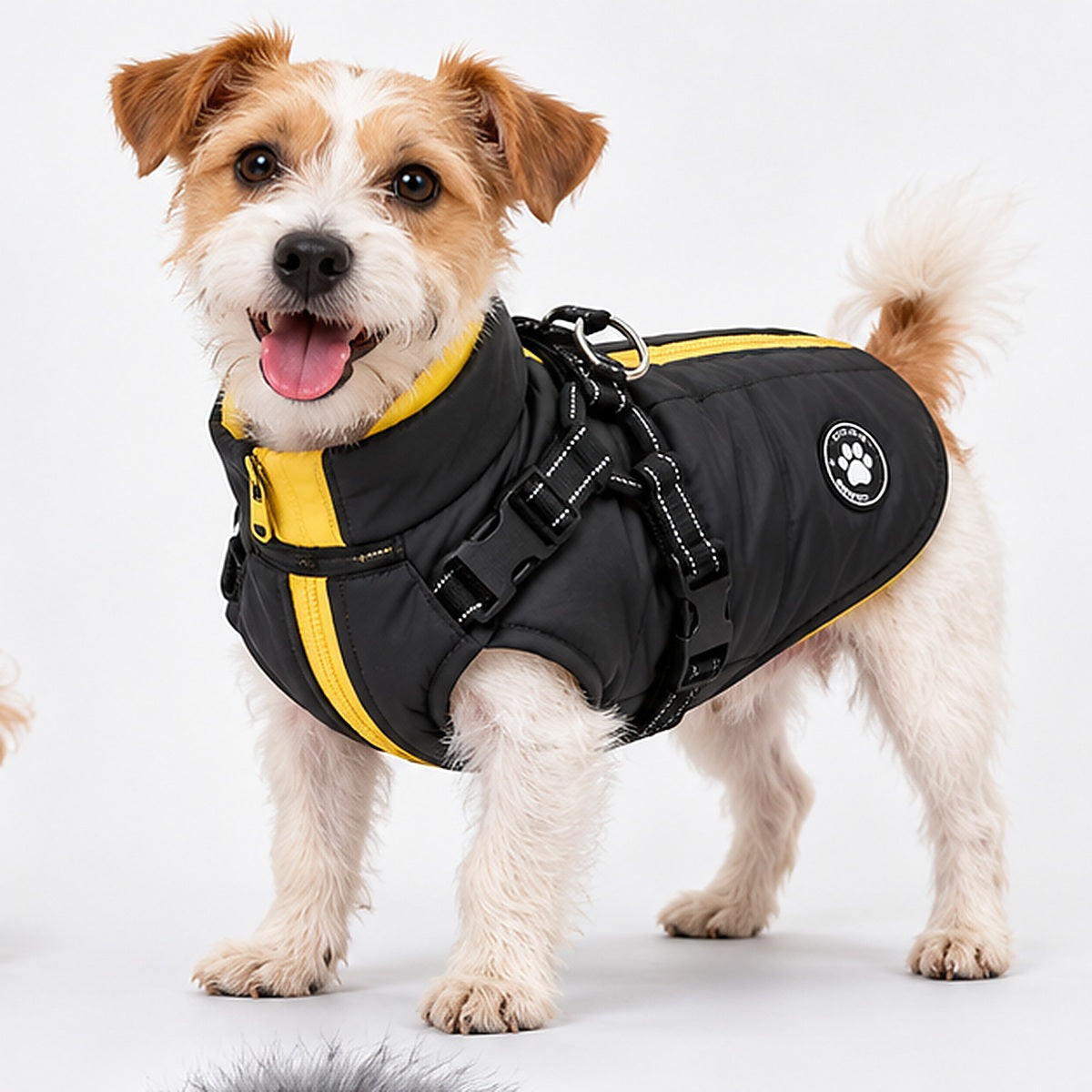 PAWRIQA black winter puffer dog coat with yellow trim and built-in harness