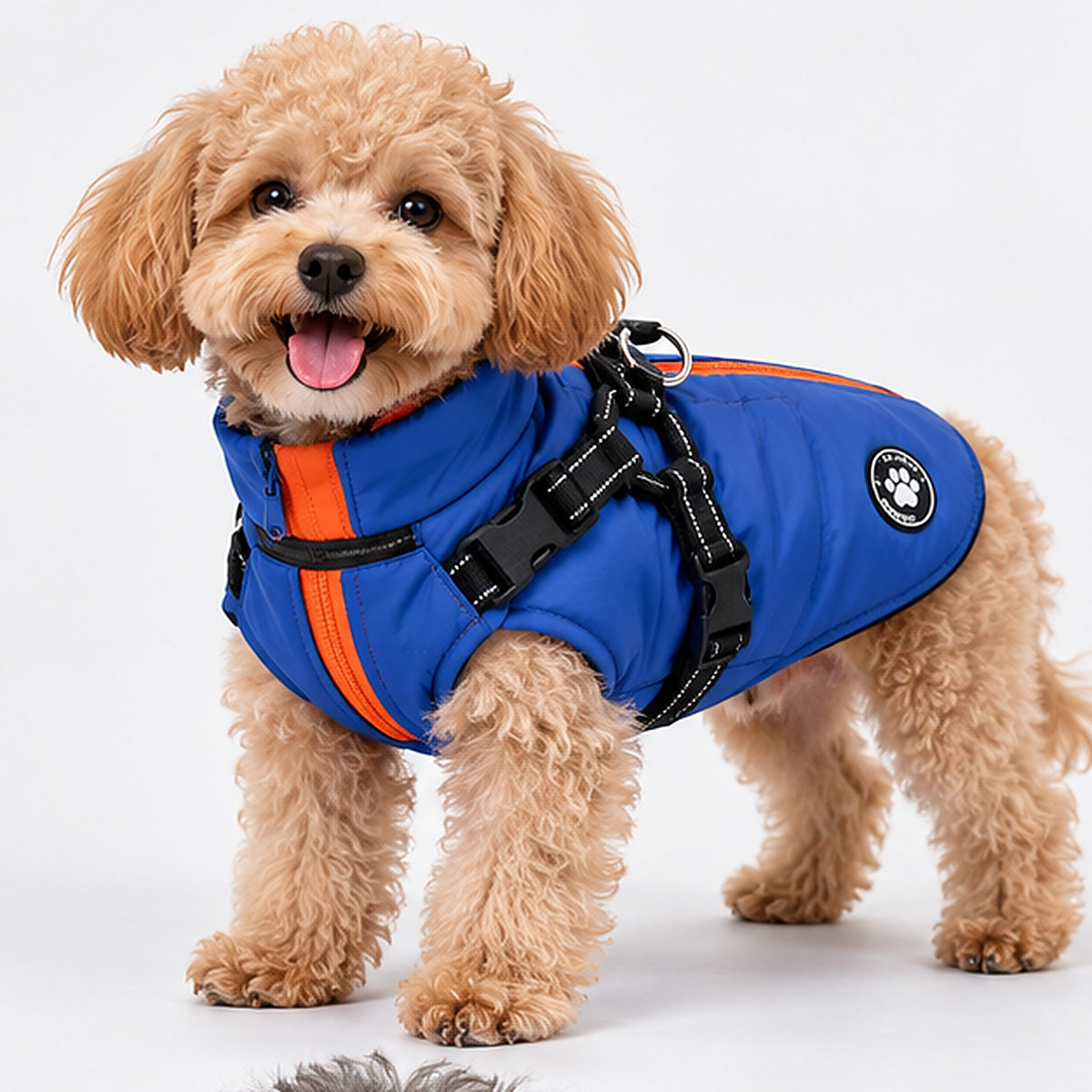 PAWRIQA blue winter puffer dog coat with orange trim and built-in harness