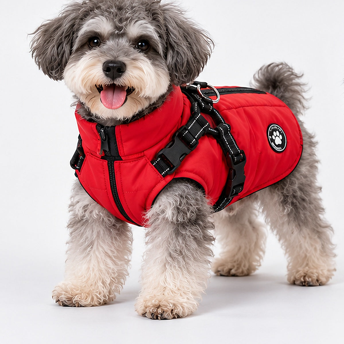 PAWRIQA red winter puffer dog coat with black trim and built-in harness