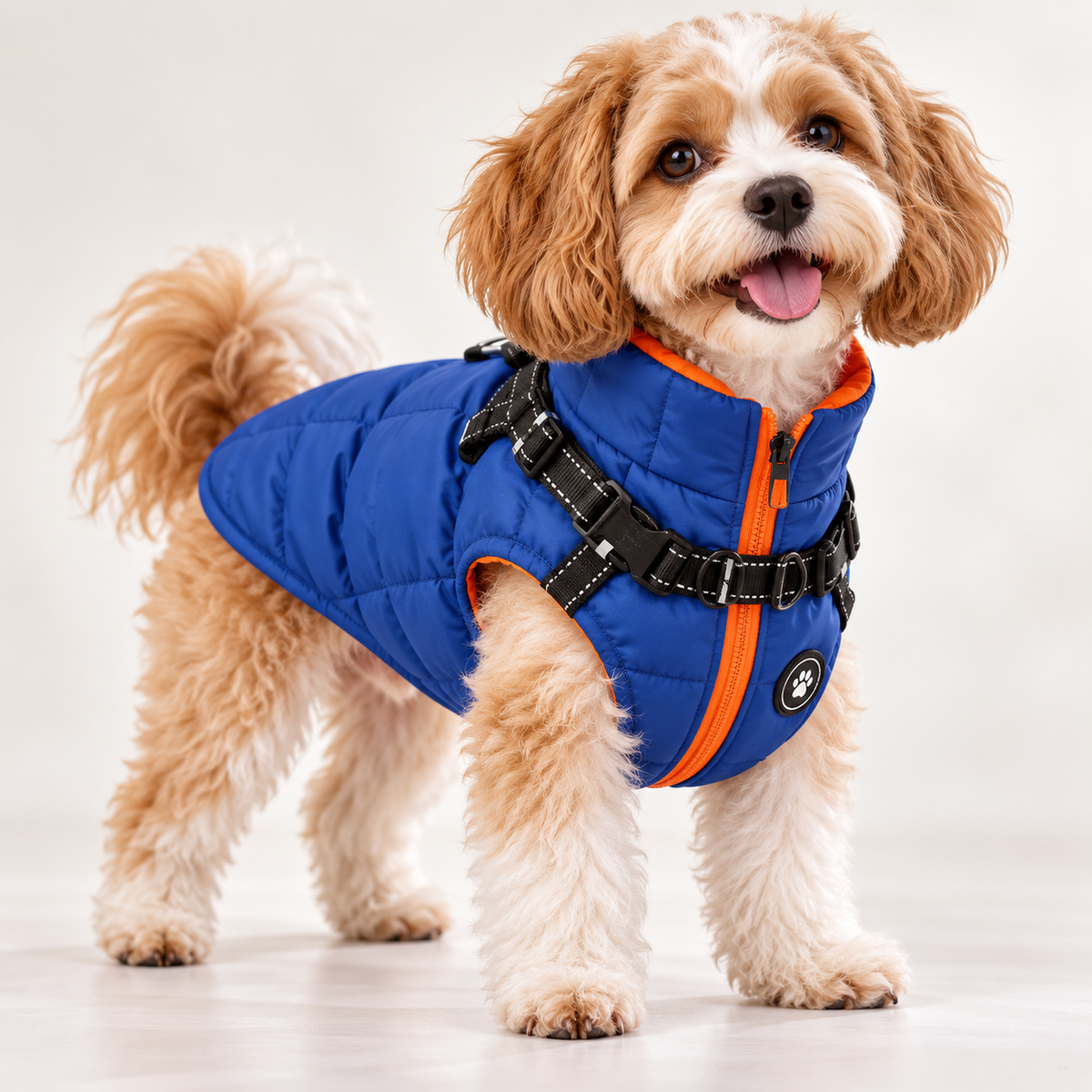 Small dog wearing PAWRIQA blue winter puffer coat with orange trim